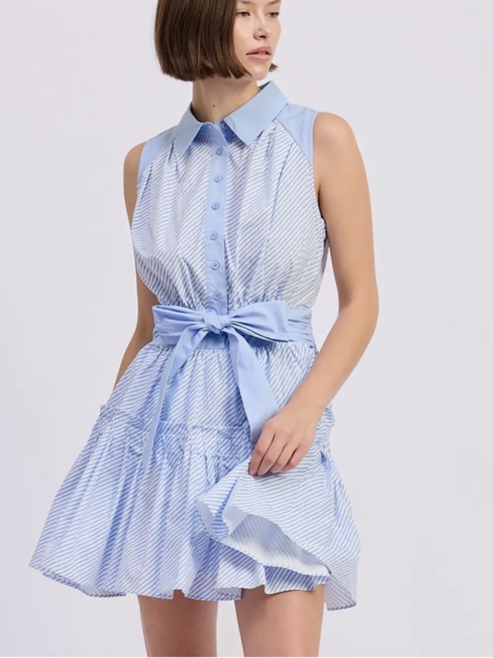 Sleeveless Light Blue Striped Tie-Waist Dress - Picture 5 of 5